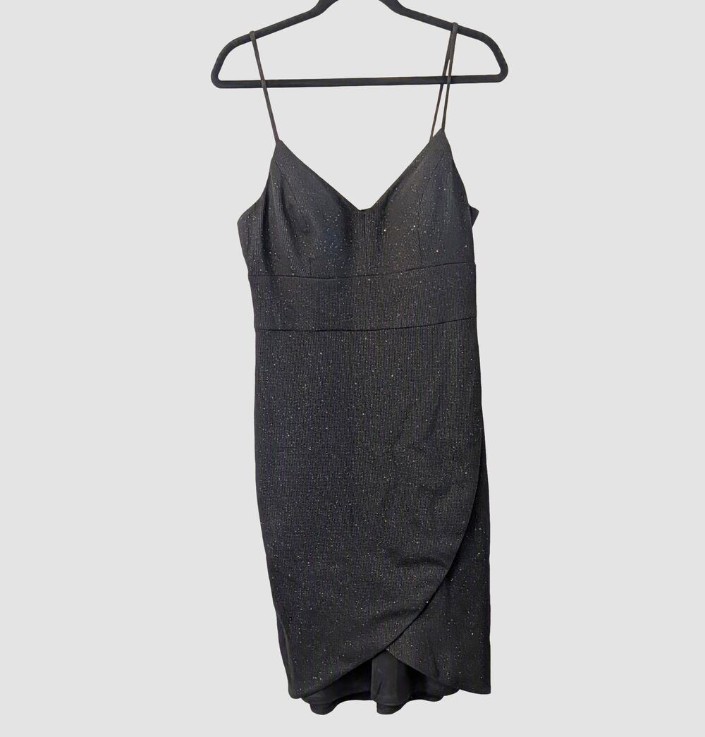NEW Eliza J Glitter Cocktail Midi  Dress Size 12 Black Wrap Hem Party Evening